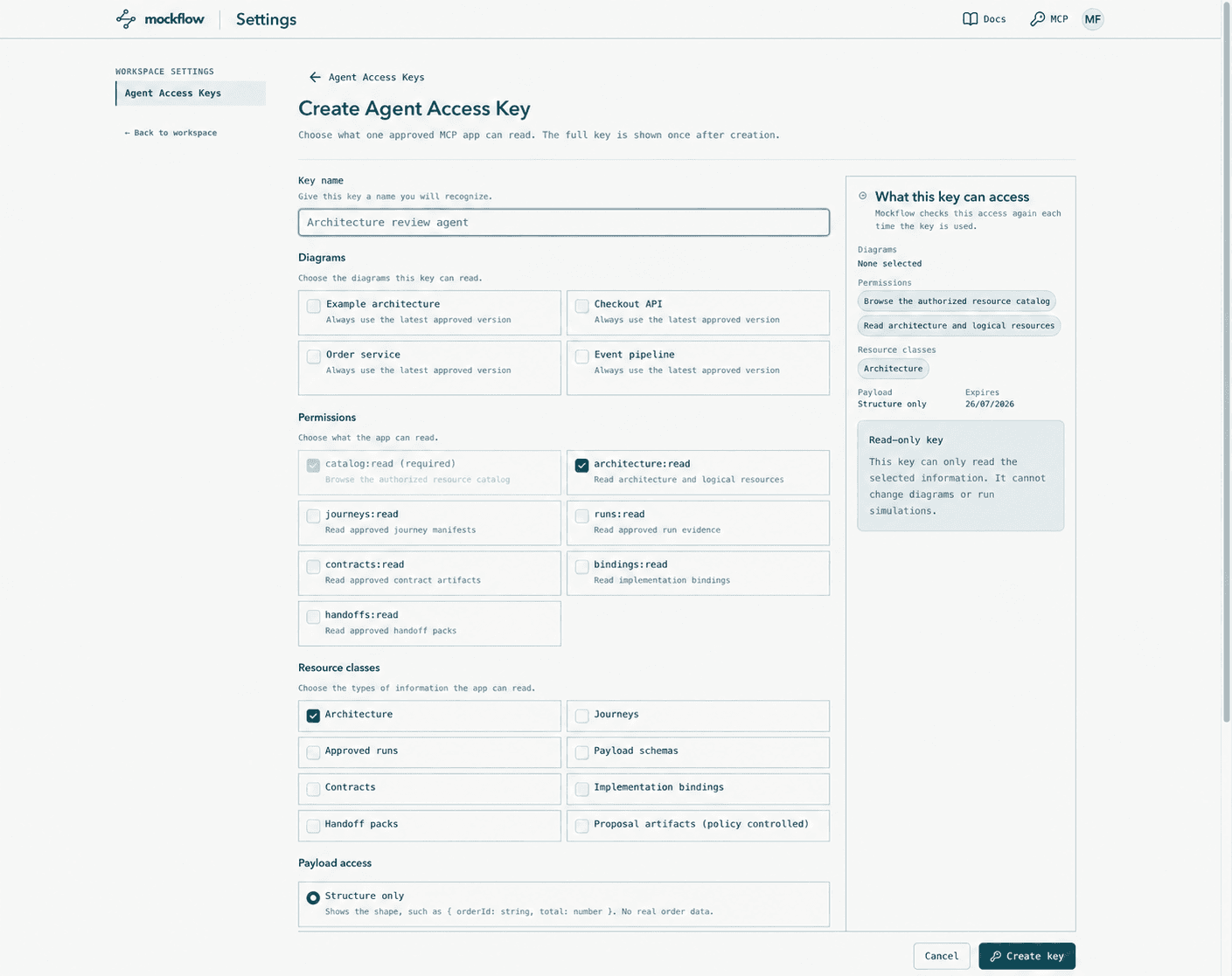 Create Agent Access Key form showing a read permission, structure-only access, and a summary of the selected scope